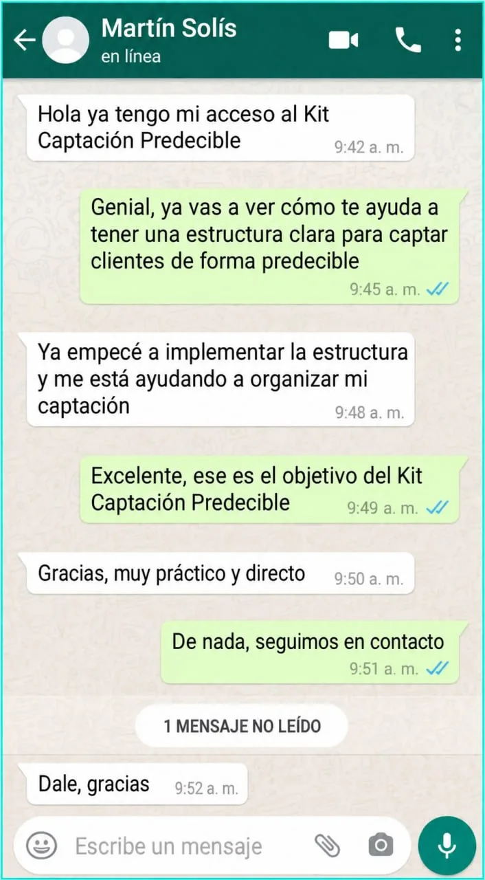 Conversación de WhatsApp con Martín Solís sobre el Kit de Captación Predecible
