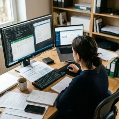 Emprendedora organizando su seguimiento de clientes en el escritorio