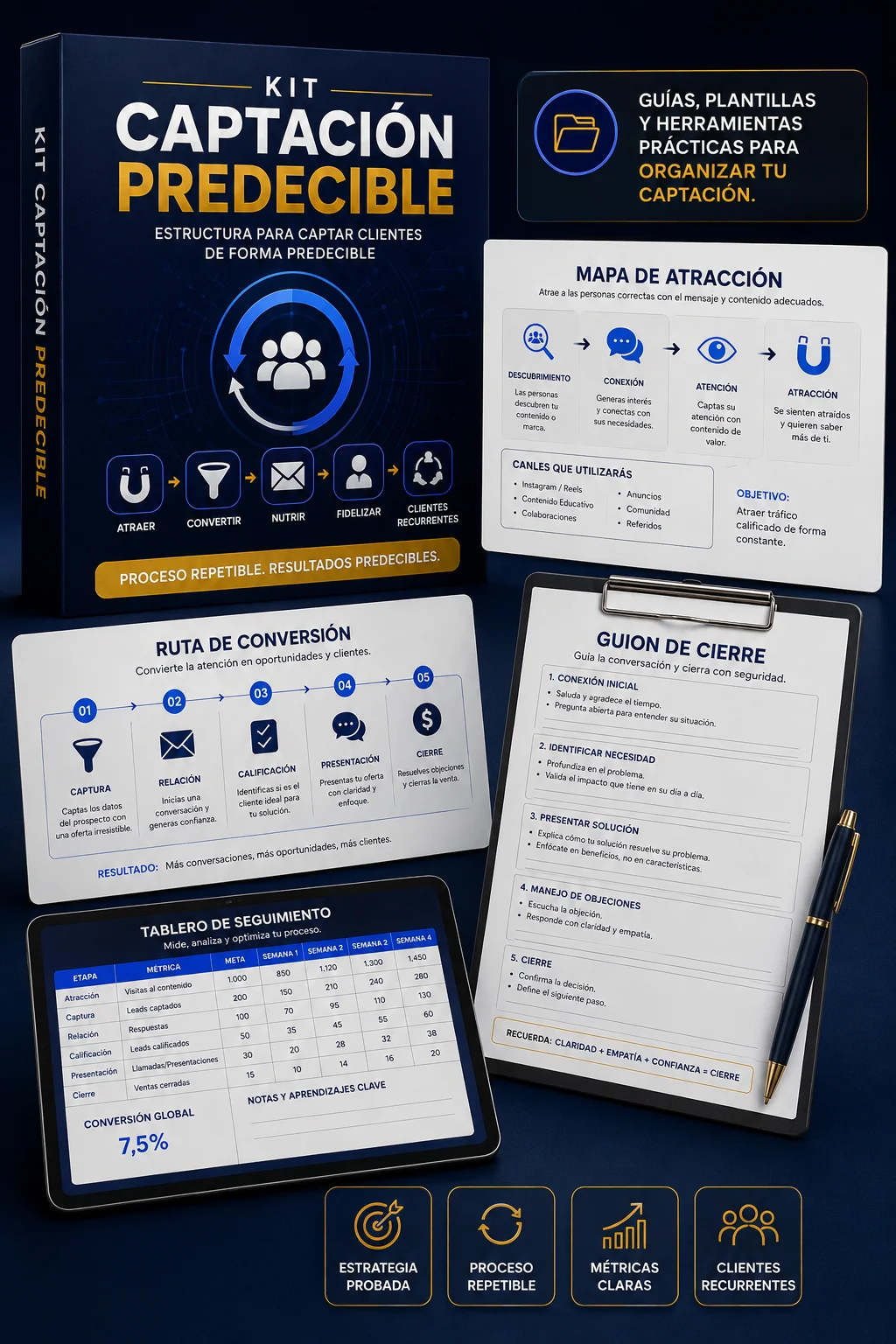 Materiales del Kit de Captación Predecible: mapa de atracción, ruta de conversión, guion de cierre y tablero de seguimiento