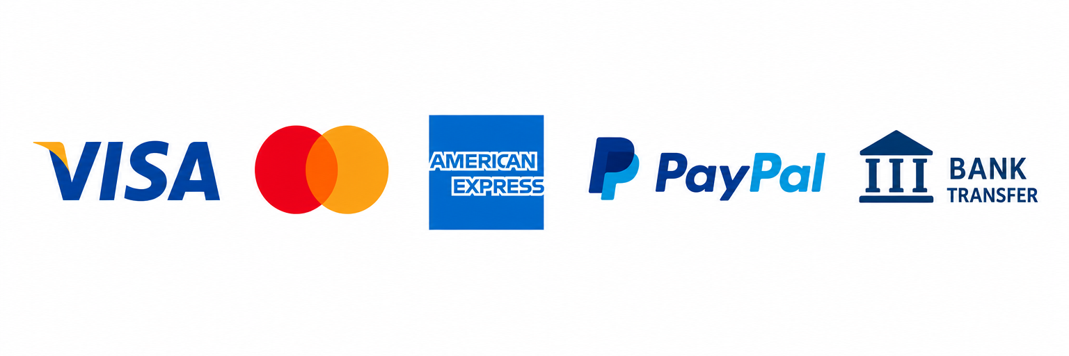 Métodos de pago disponibles: Visa, Mastercard, American Express y PayPal
